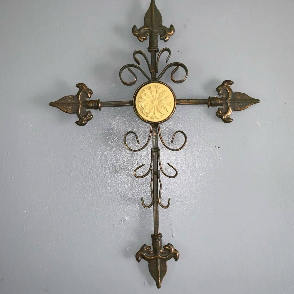 Bronze Wrought Iron Large Heavy Fleur De Lis Cross Ready To Hang 19” X 14”